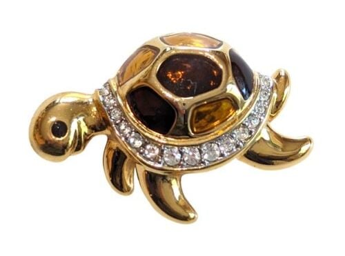 Vintage Cabouchon gold plated tortoise brooch, enamelled in tan and brown, 