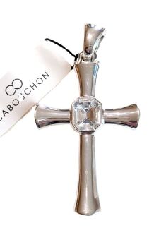 Vintage Cabouchon rhodium plated cross pendant with a clear stone