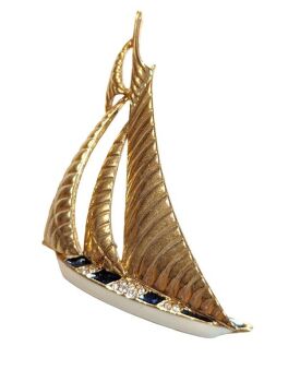 Vintage Cabouchon gold plated sailing boat brooch with white and black enamel and Austrian crystals