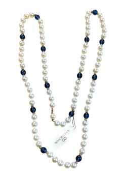 Vintage Cabouchon high quality faux pearl necklace with blue stones. Size extra large.