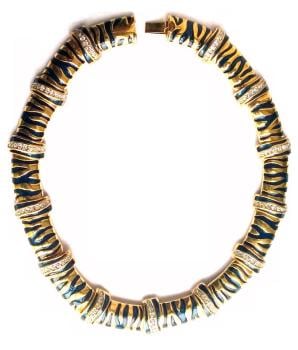 Cabouchon Tiger necklace with gold plating, navy blue enamel, and Austrian crystals