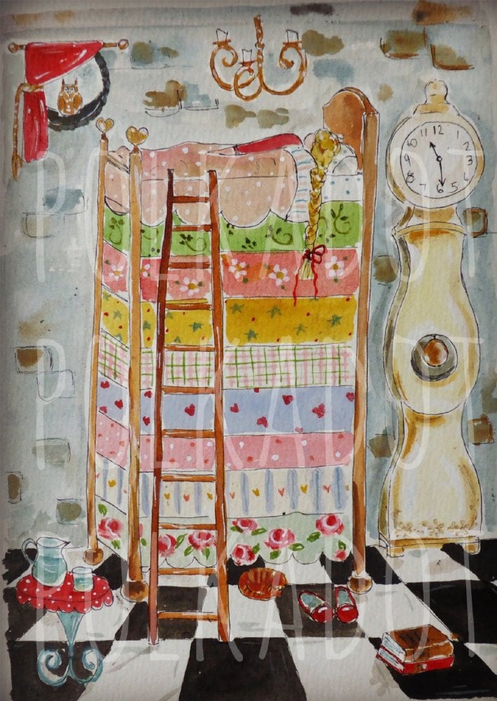 princess & the pea ink on watercolour board