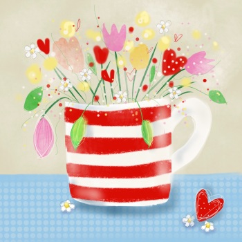 print - flowers in a red and white mug