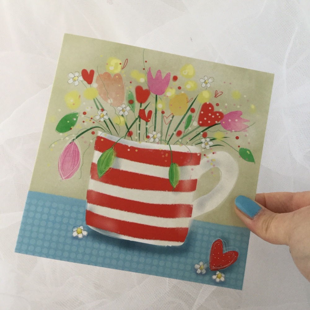 greeting card - flowers in a red and white mug
