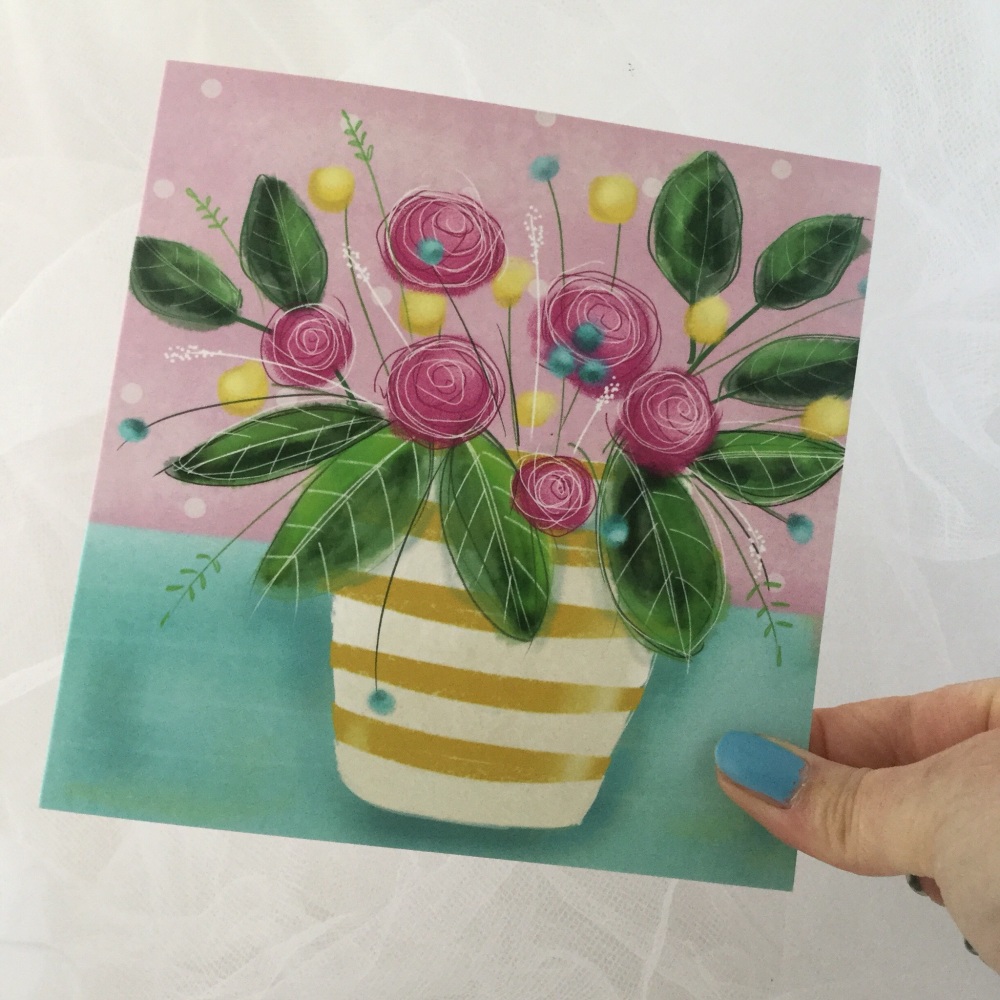 greeting card - flowers in a yellow and white vase