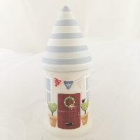 small round house box (red door, blue roof)