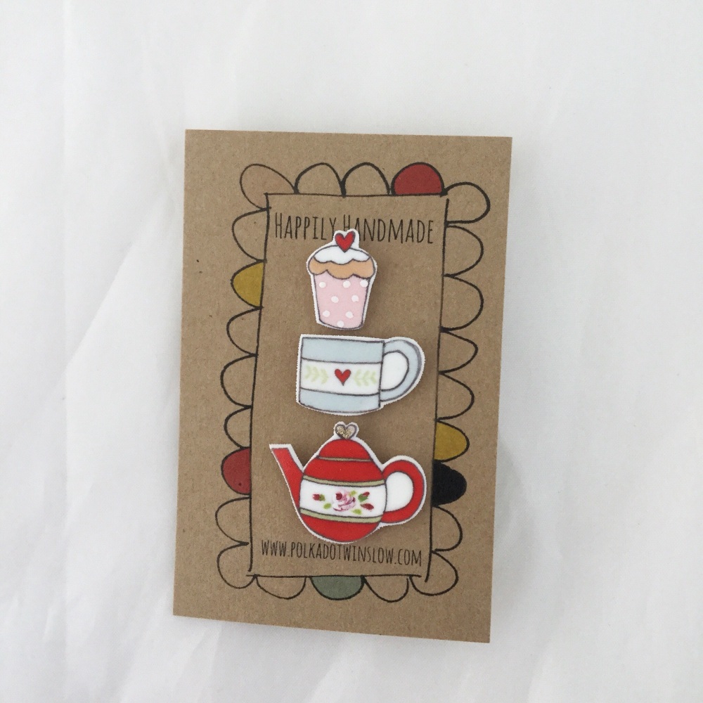 trio of pins - red teapot, mug and cupcake