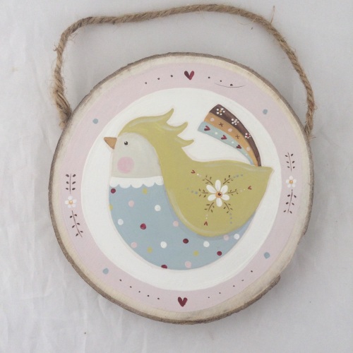 Folk bird - duck egg and green with pink border