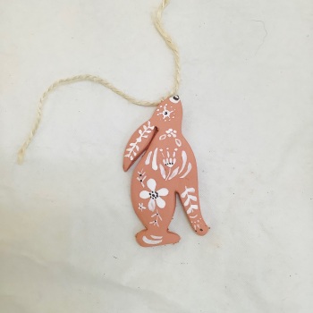 Hare dangle-terracotta and white- right facing