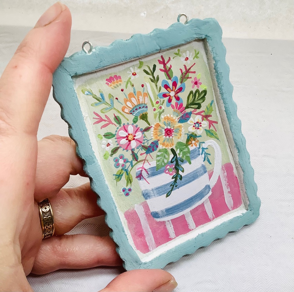 Mini painting - folk flowers duck egg trim