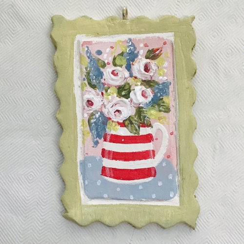 Tiny painting - roses, green frame