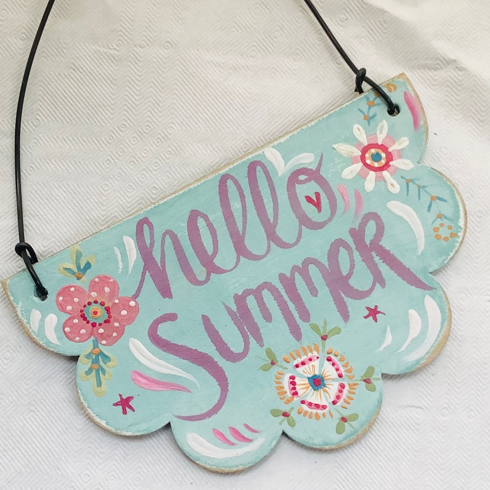 Mini sign - half round - hello summer, teal