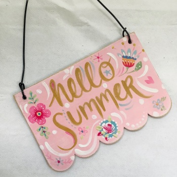 Mini sign - scalloped - hello summer, pink