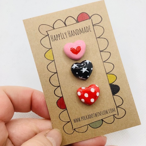 Trio of tiny heart pins - pink, black and red