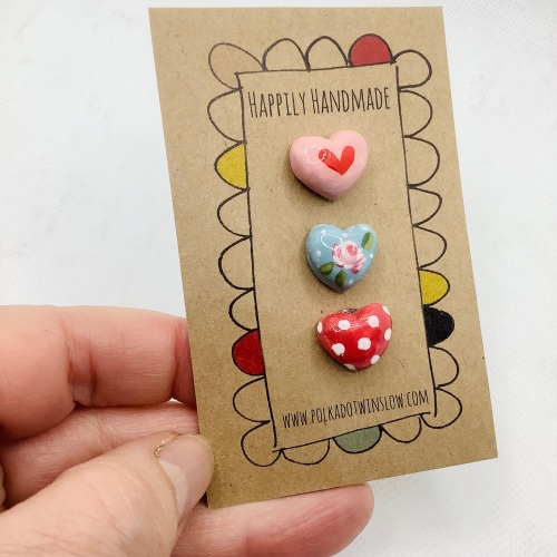 Trio of tiny heart pins - pink, duck egg and red 🩷🩵❤️