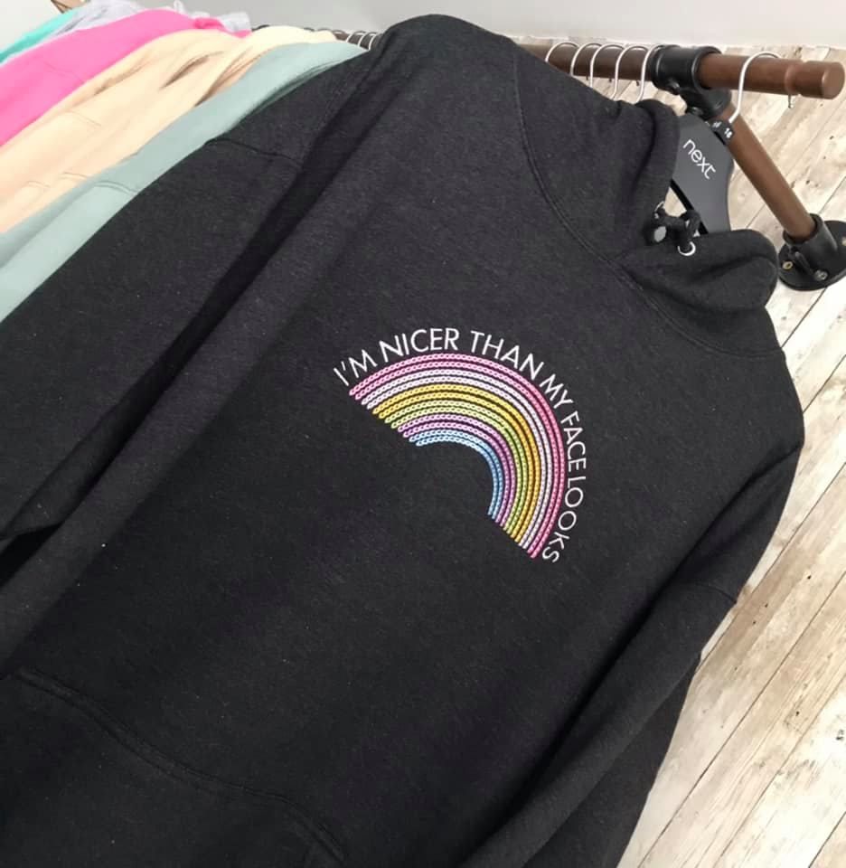 I'm Nicer than my face looks Rainbow Embroidered Hoody