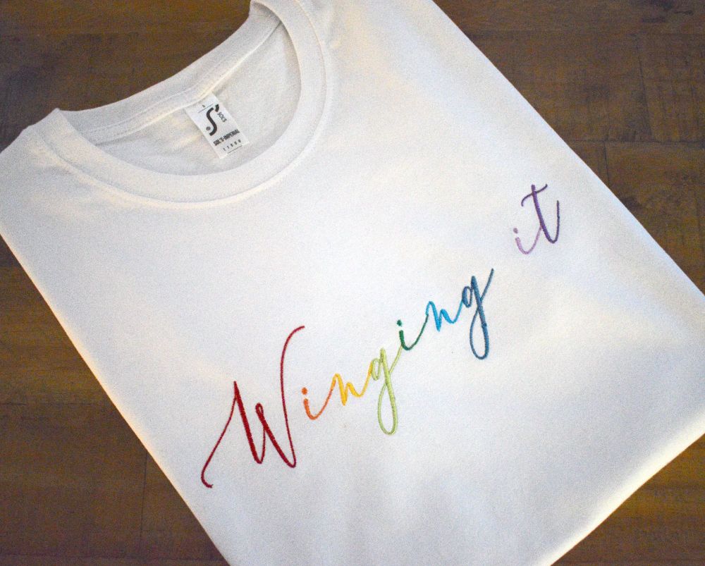 Winging It Rainbow Text Embroidered T Shirt