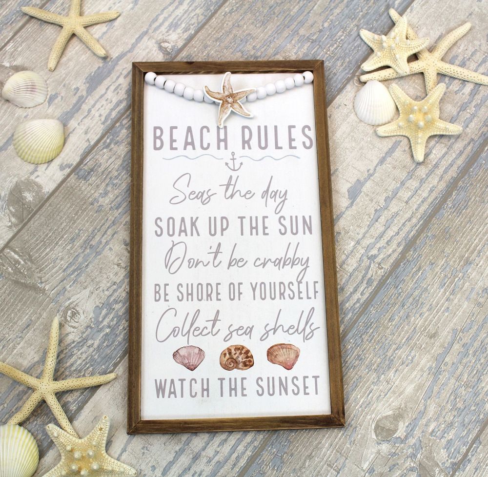Framed wooden plaque Beach Rules with beaded adornment