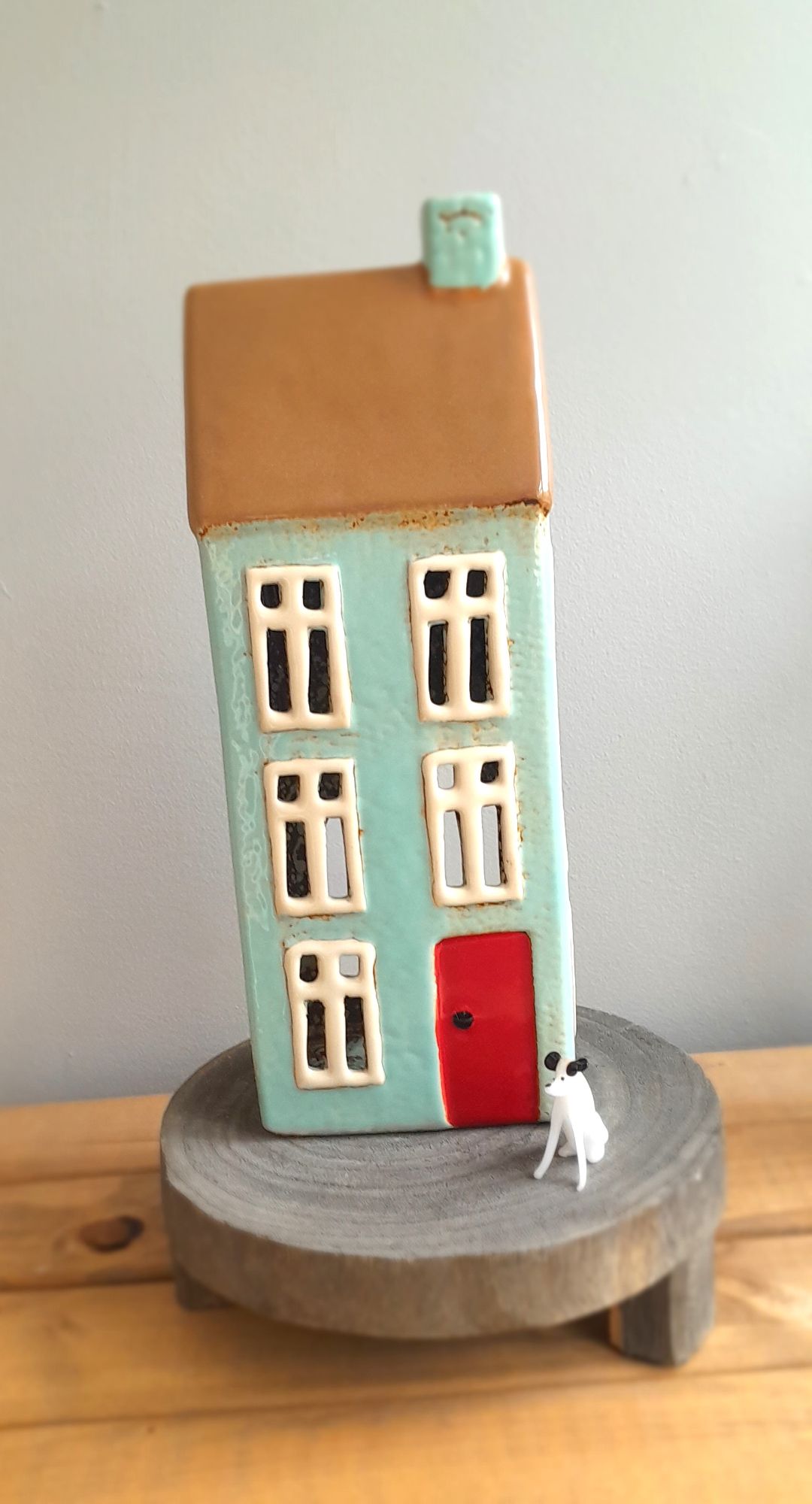 Tall ceramic tealight house in turquoise
