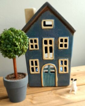 Ceramic Dark Blue Tealight House
