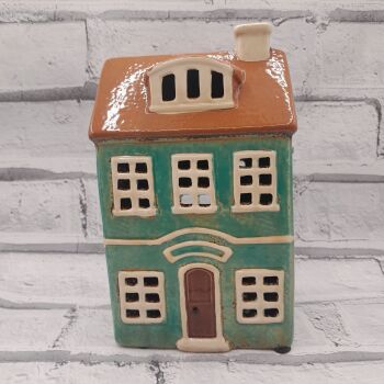 Green Ceramic Tealight House with Roof Windows