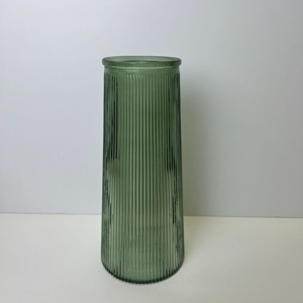 Green Glass Tall Ribbed Vase