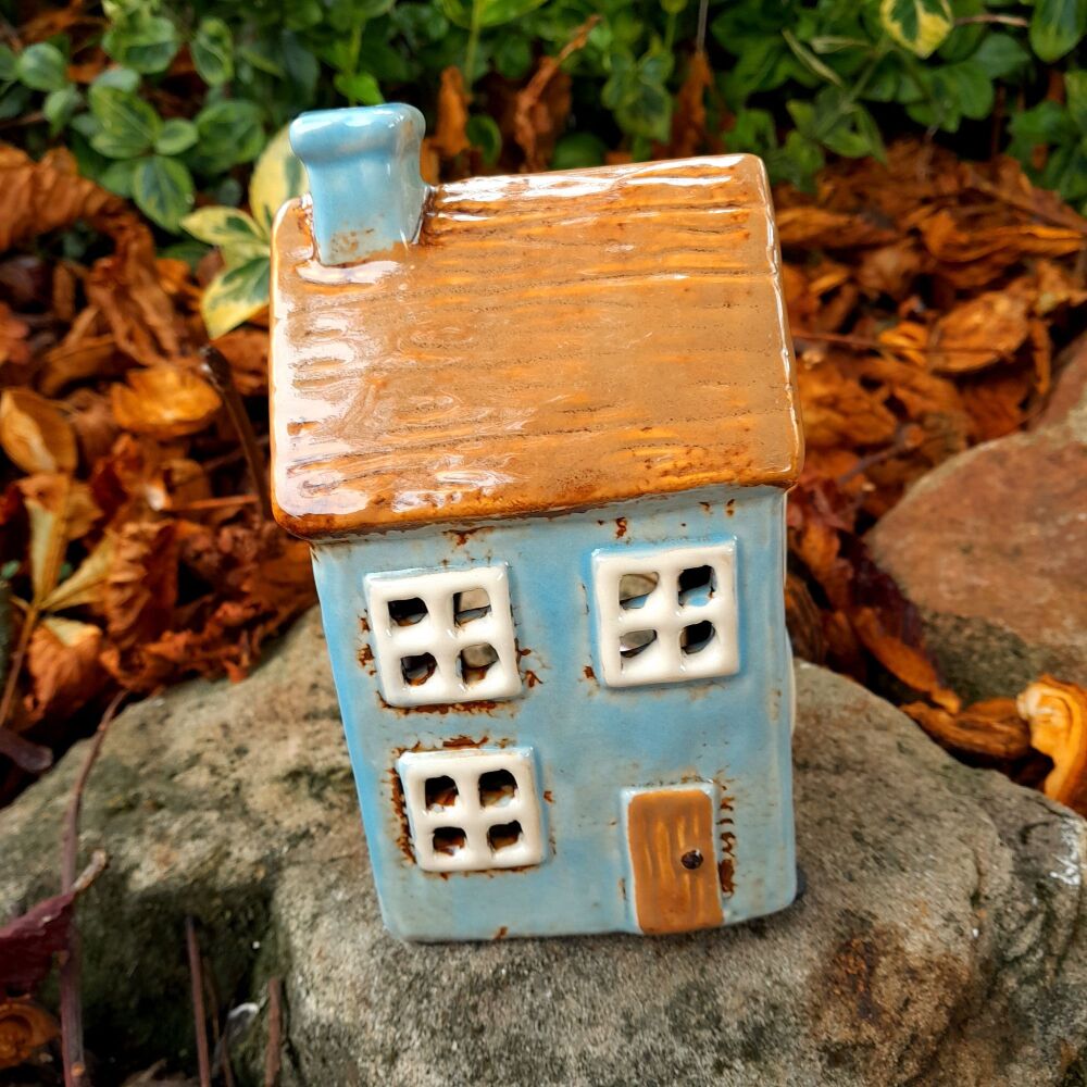 Ceramic Tealight House Pale Blue Thatch