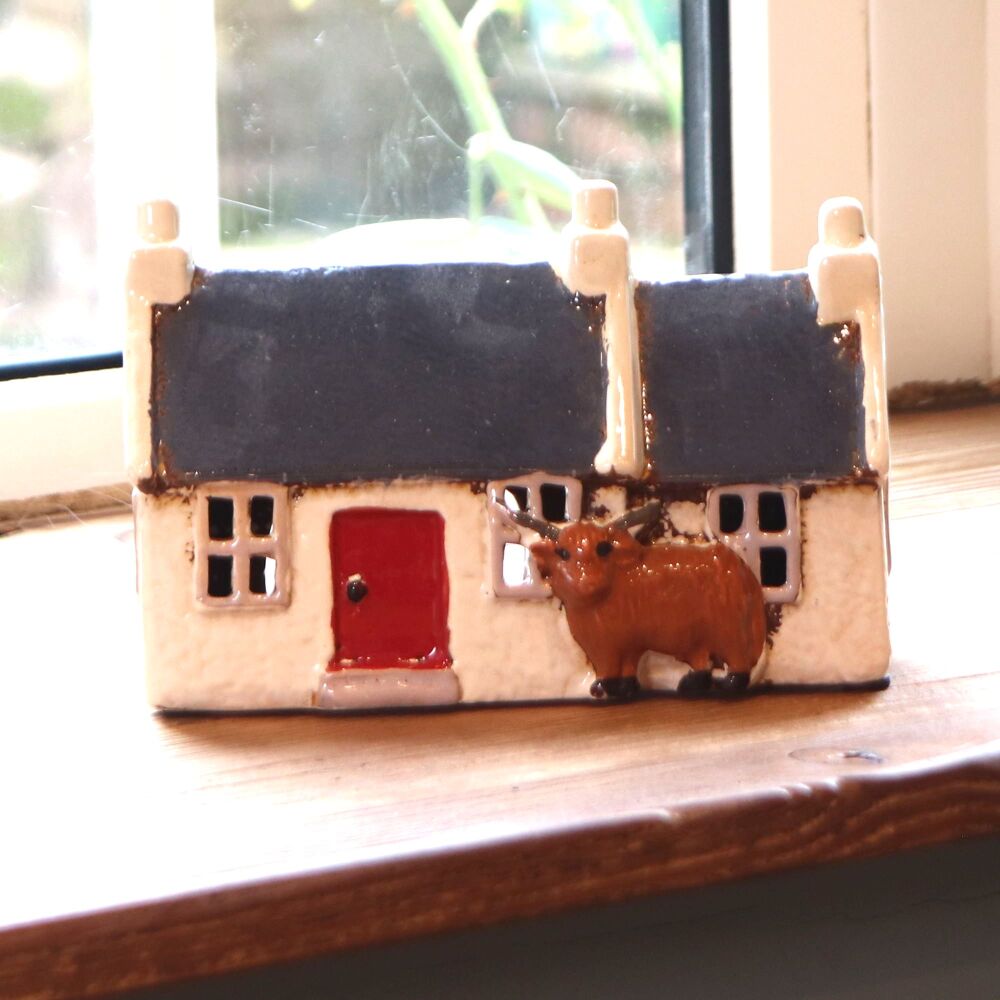 Ceramic Tealigh Crofters Cottage With Highland Cow