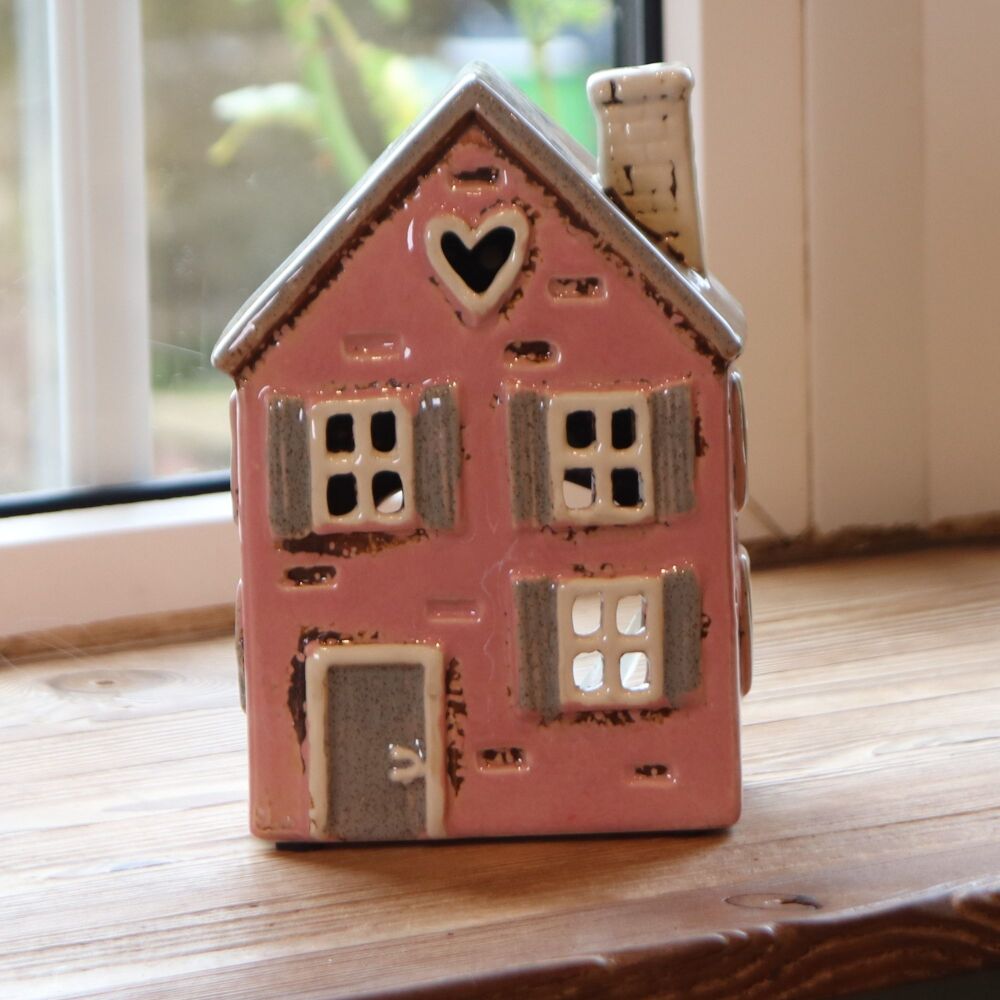Ceramic Tealight House Pink with Shutters