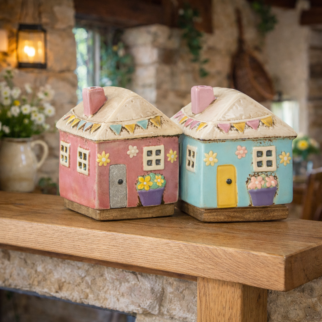 Ceramic Tealight Pastel Houses with Bunting