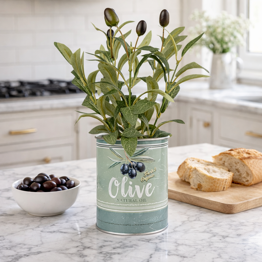 Faux Olive Plant in Tin Pot