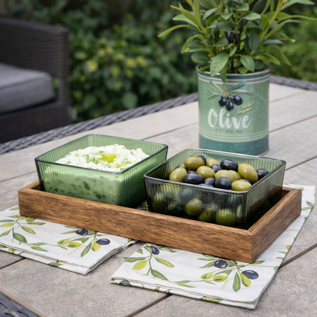 Square Glass Bowls on Acacia Tray