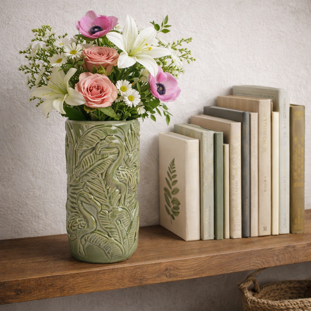 Reactive Glaze Leaf & Bird Vase