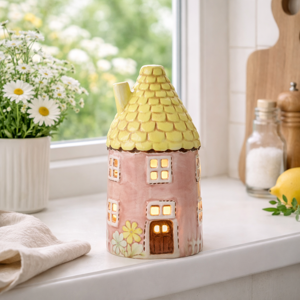 Ceramic Tealight House Tall Pink Round