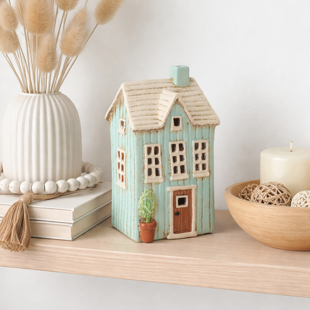 Ceramic Tealight Aqua Panel House