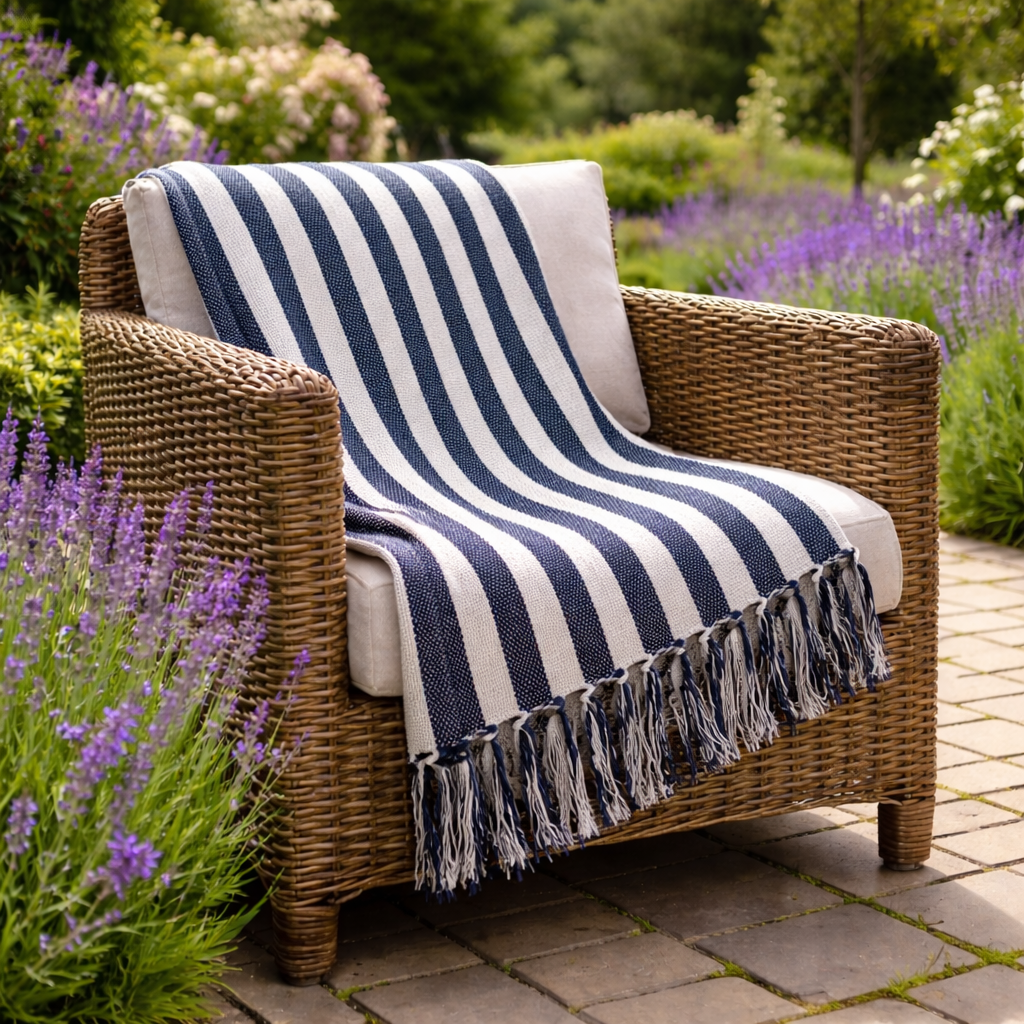 Navy Striped Woven Throw