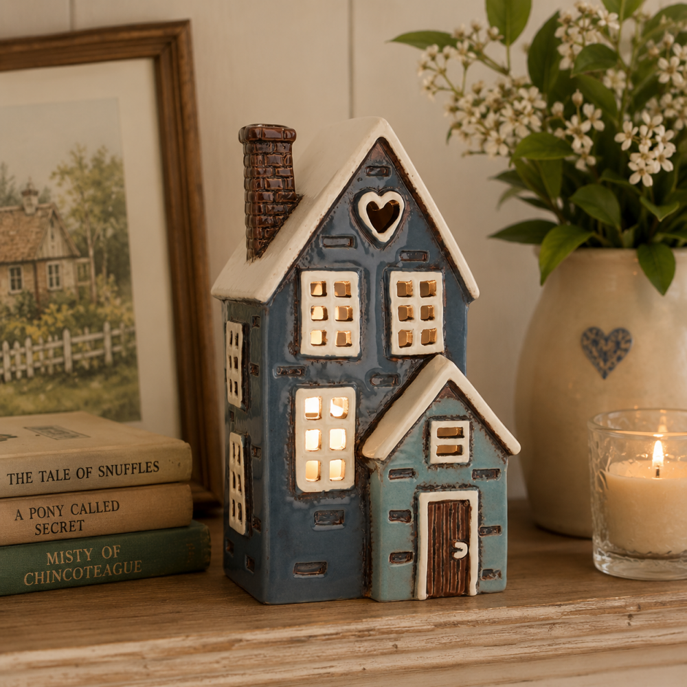 Ceramic Tealight House Blue Porch