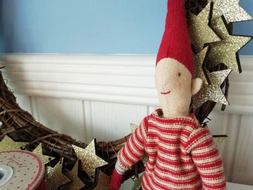 Maileg, Climbing Pixy Boy in Red Stripy Jumper & Socks