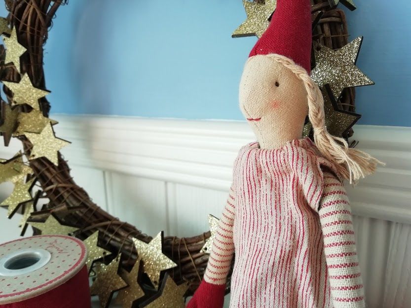 Maileg, Mini Pixy Girl with Red Stripy Dress and Stripy Tights