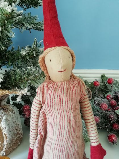 Maileg, Mini Pixy Girl with Red Stripy Dress and Stripy Tights