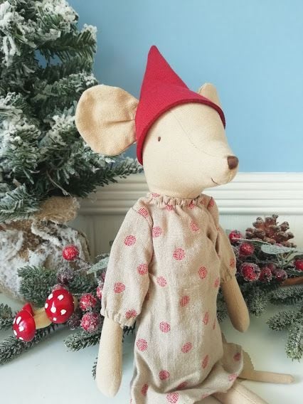 Maileg, Christmas Medium Mouse in Spotty Dress - Girl
