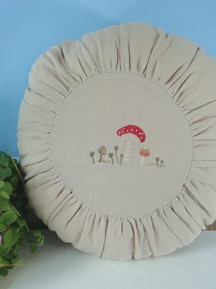 Maileg, Large Round Cushion - Sand w Toadstool Details