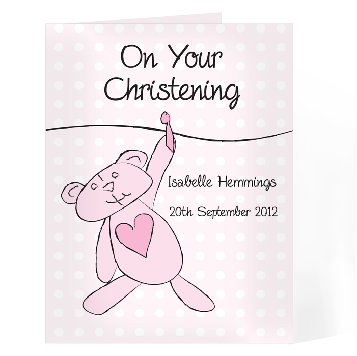 Personalised Christening / Baptism / Naming Day Card - Pink Teddy Washing L