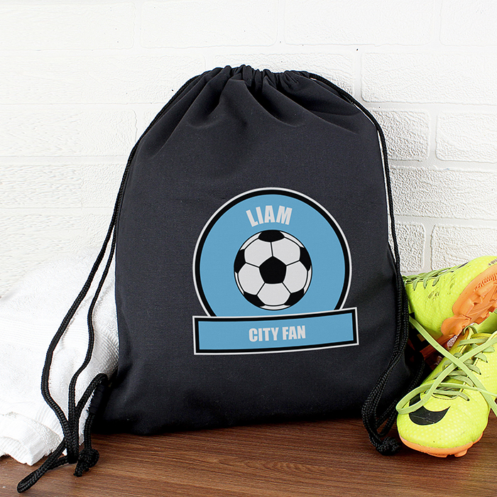 Personalised PE Kit Bag - Sky Blue & White Football Theme