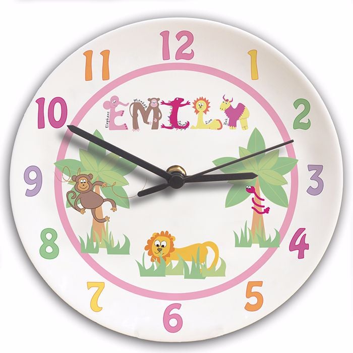 Personalised Animal Alphabet Girls Clock - Childrens Clock, New Baby Gift,
