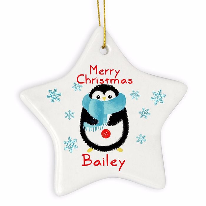 Personalised PENGUIN Ceramic Star Christmas Tree Decoration