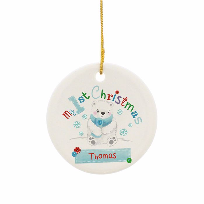 Personalised POLAR BEAR MY 1st CHRISTMAS Ceramic Heart Christmas Tree Decor