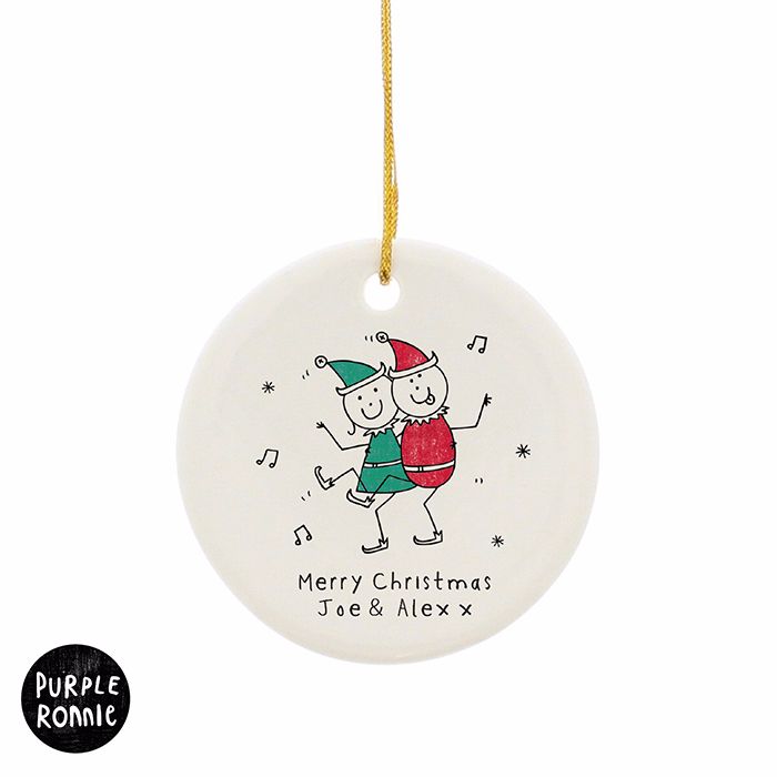 Personalised PURPLE RONNIE ELVES Ceramic Round Christmas Tree Decoration