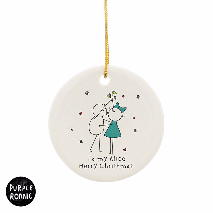 Personalised PURPLE RONNIE COUPLES Ceramic Round Christmas Tree Decoration