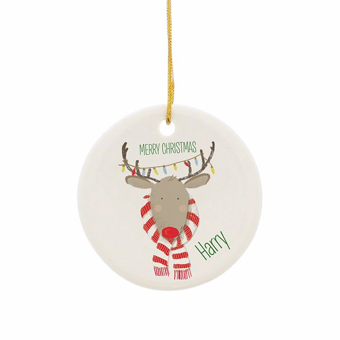 Personalised REINDEER CHRISTMAS Ceramic Round Christmas Tree Decoration